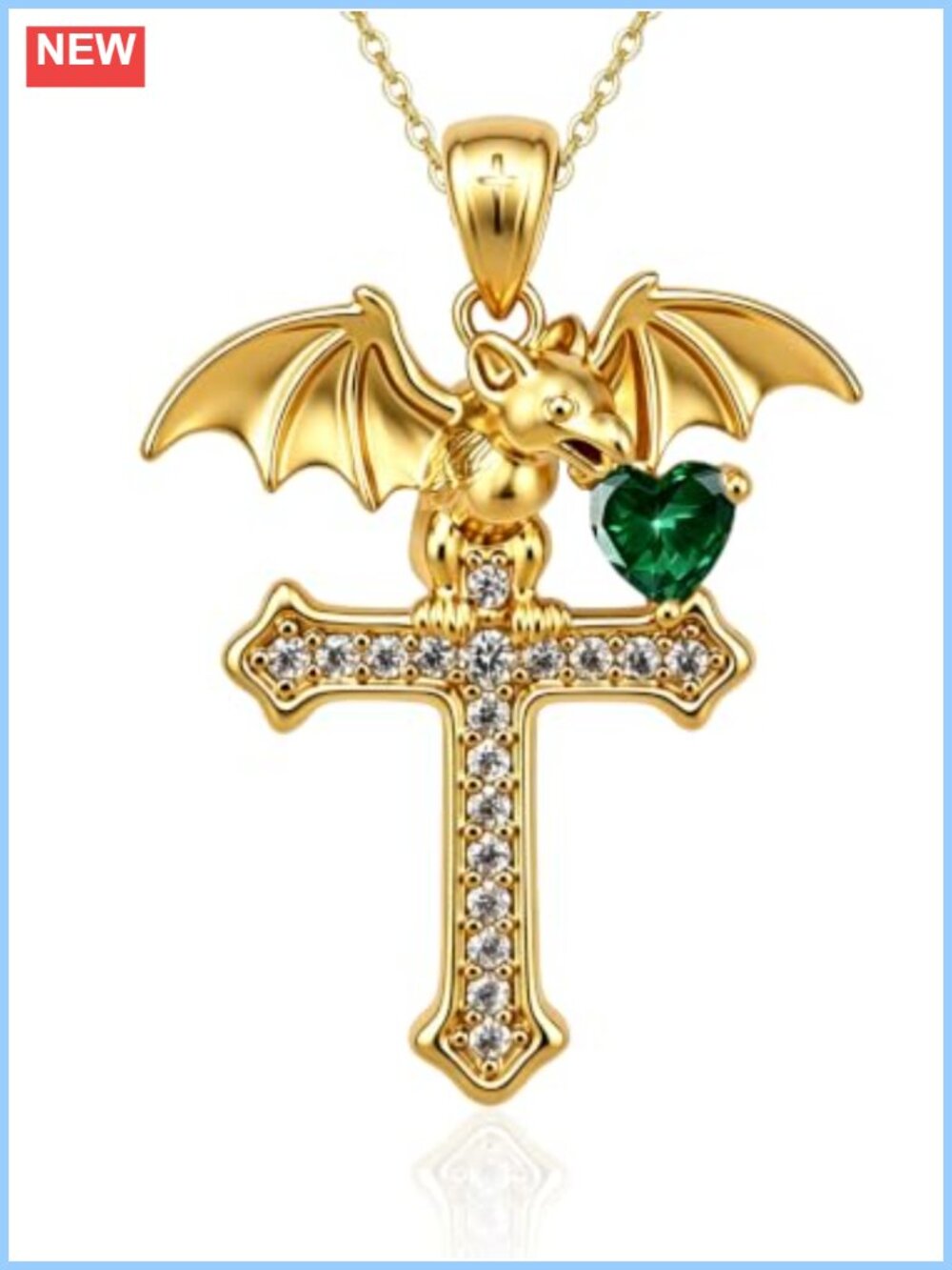 Gothic Bat Cross Pendant Necklace 18K Gold Plated Cubic Zirconia Heart